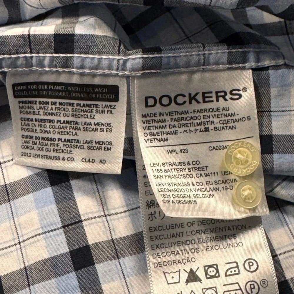 Dockers Men's Classic Fit White Blue Plaid Short Sleeve Button Down Shirt‎ XL